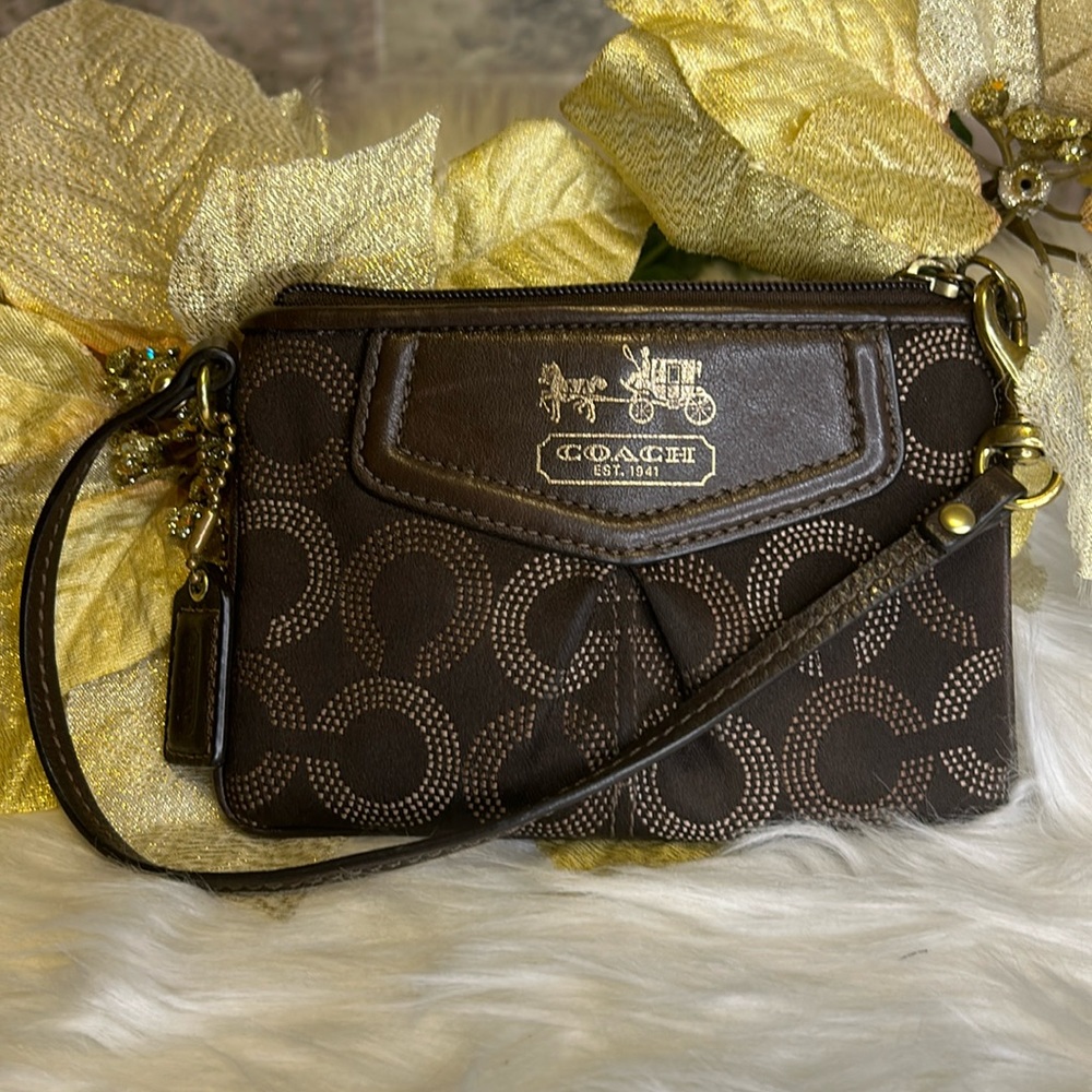 Coach Dark Brown Wristlet with Gold Details